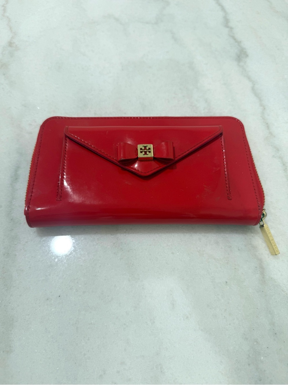 Tory Burch Red Patent Zip-Around Wallet with Bow and Logo